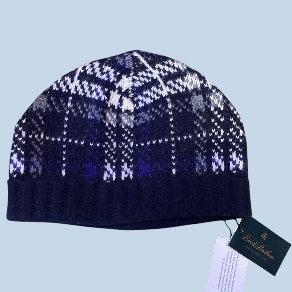 NWT Brooks Brothers 100% Wool Women's Beanie Hat. Blue & White Tartan